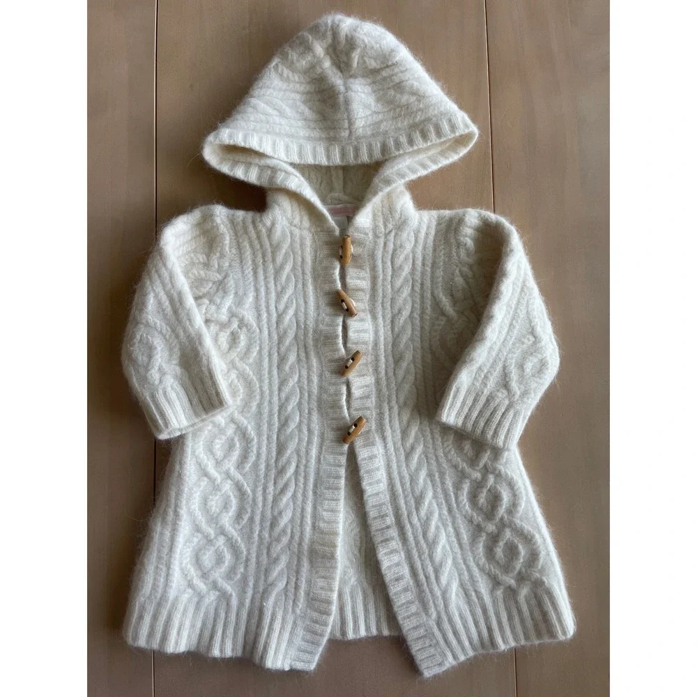 Janie And Jack Lambswool Angora Rabbit Hair Nylon Baby Hooded Cable Knit Coat